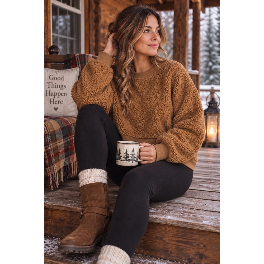 GAP Women's Large Sherpa Fleece Pullover Camel Brown Oversized Cozy Sweatshirt